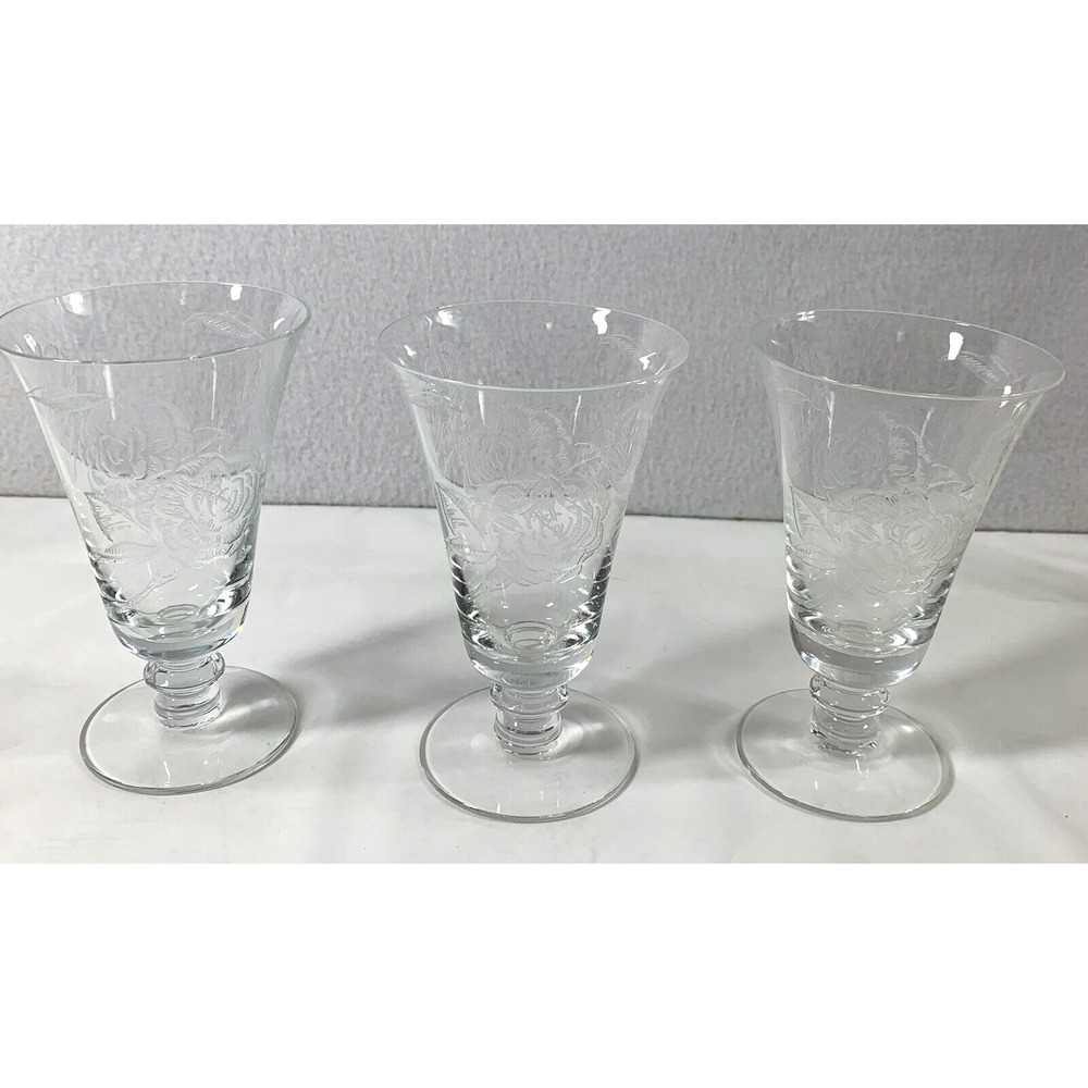 3 Vintage Fostoria Wine‎ Glasses Camellia Etched Roses Pedestal Cordial Juice